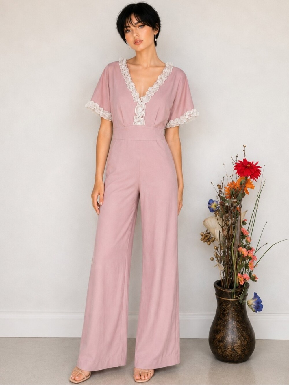 Vintage 70's Inspired Style Dusty Rose Jumpsuit | Feminine Ruffle Wide-Leg